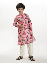 Bittu By Bhama - Boys Peach floral printed  kurta with a off  white pajama